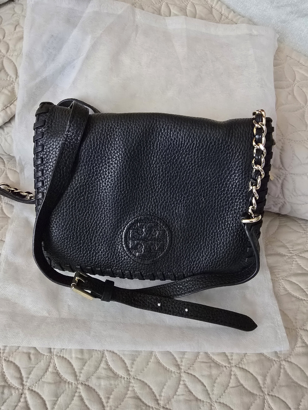 Tory Burch Black Pebbled Leather Crossbody with Gold Chain Accents